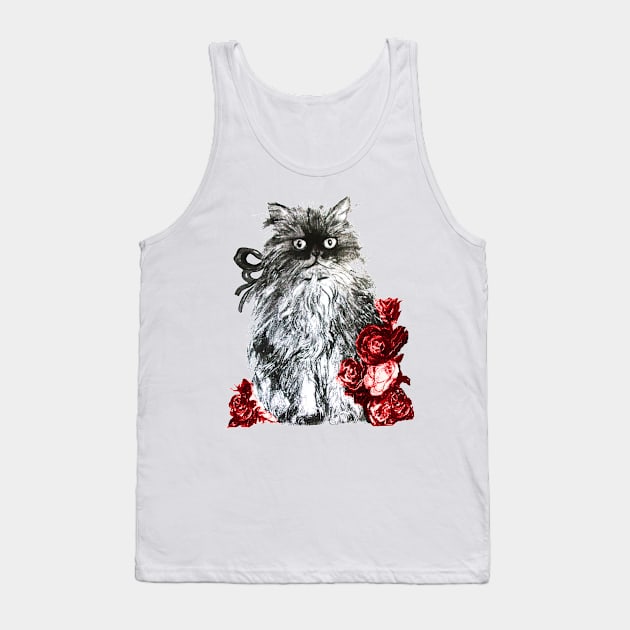 CAT KITTEN WITH RED ROSES ,Black and White Tank Top by BulganLumini